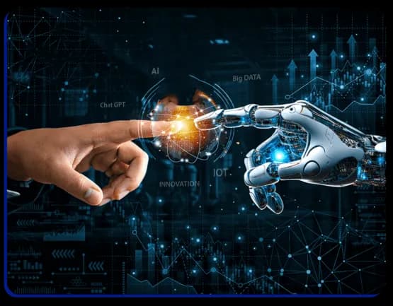 Mão humana e mão robótica se tocando — tecnologia e humanização