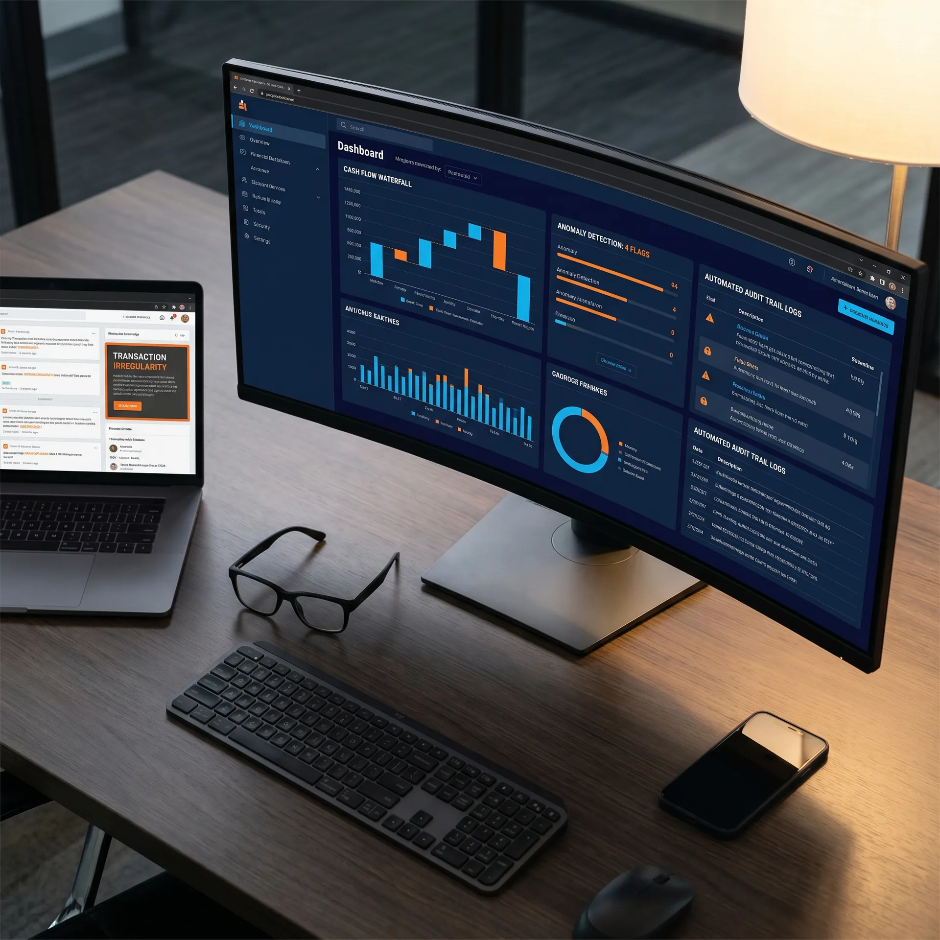 Mesa de trabalho com monitores exibindo dashboards financeiros