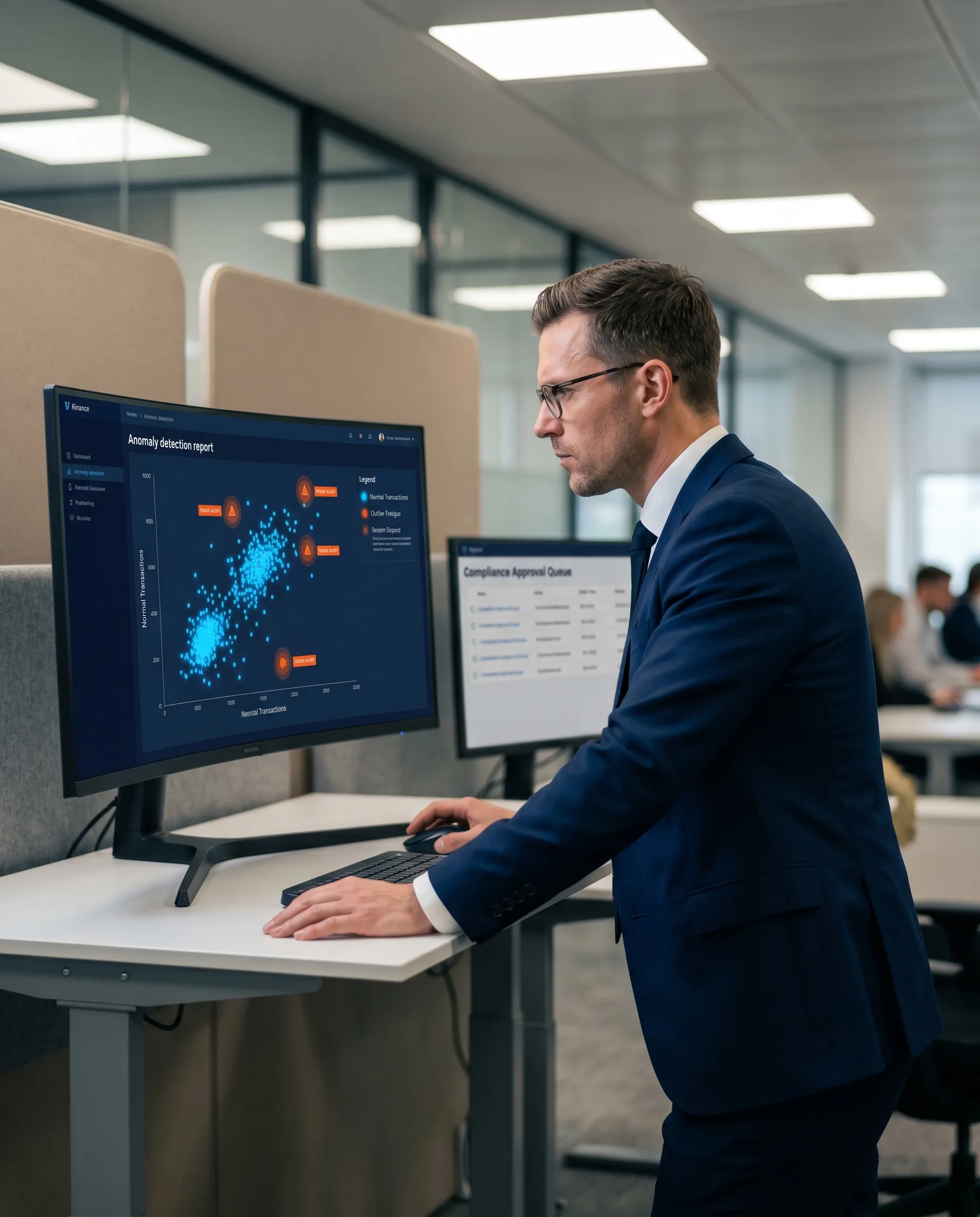 Executivo analisando gráficos financeiros em monitor no escritório